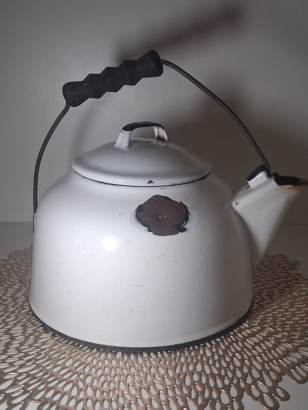 VINTAGE White Enamel Tea Kettle with Black Handle